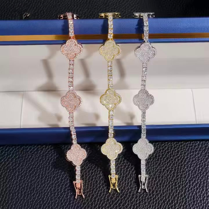 4MM Clover Design 925 Sterling Silver Moissanite Tennis Bracelet