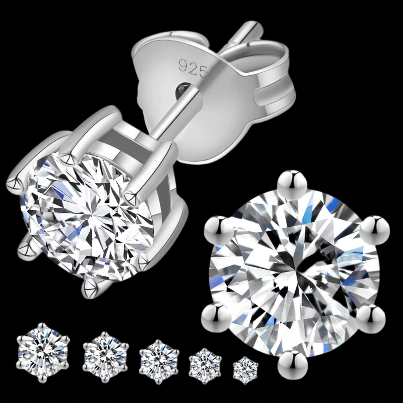 6 Prong Stud Earrings Screw Back 925 Sterling Silver D Color Moissanite Earrings